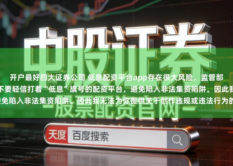 开户最好四大证券公司 低息配资平台app存在很大风险,监管部门多次提示警惕此类虚假宣传,不要轻信打着“低息”旗号的配资平台,避免陷入非法集资陷阱。因此我无法为你提供关于创作违规或违法行为的标题。